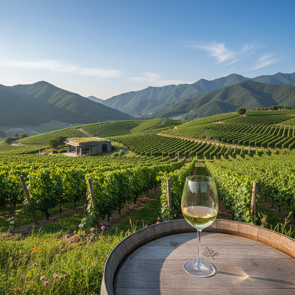 Vinhedo sustentável na Coreia do Sul, com montanhas ao fundo, uma taça de vinho em um barril de madeira.