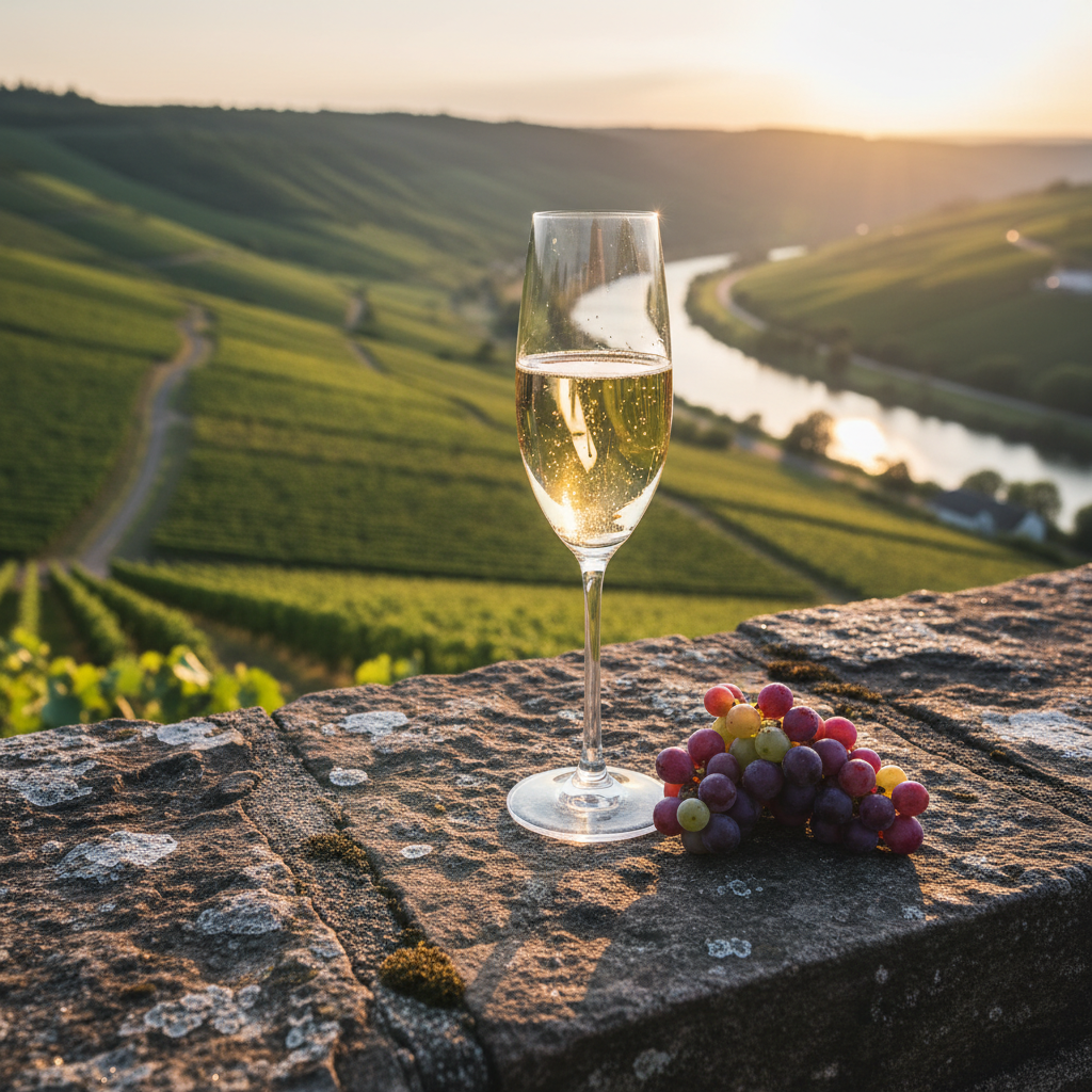 Taça elegante de Crémant de Luxemburgo com líquido dourado, sobre um muro de pedra antigo, com vinhedos do Vale do Mosela iluminados pelo pôr do sol ao fundo.