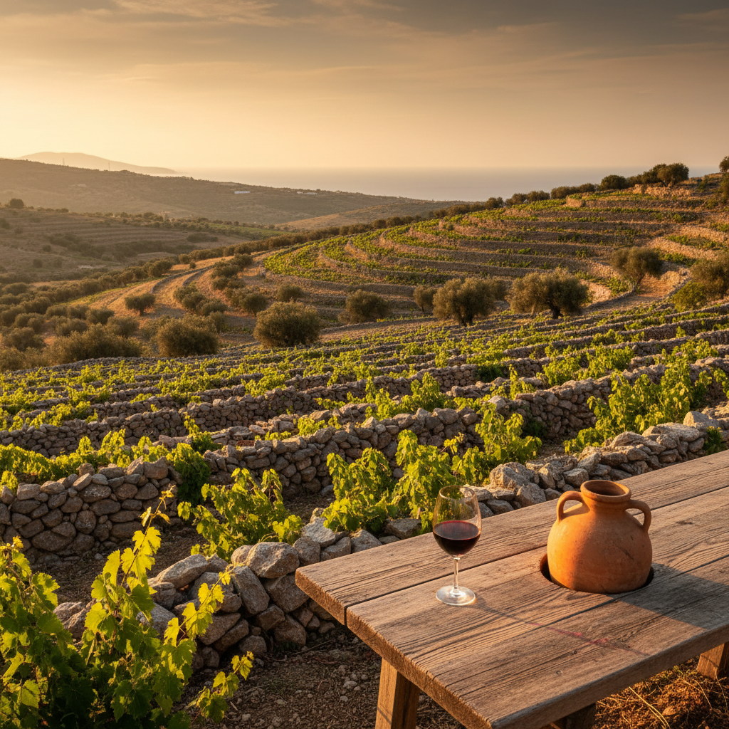 Vinhedo ensolarado em Creta com paredes de pedra antigas, oliveiras ao fundo, taça de vinho tinto e ânfora de barro.