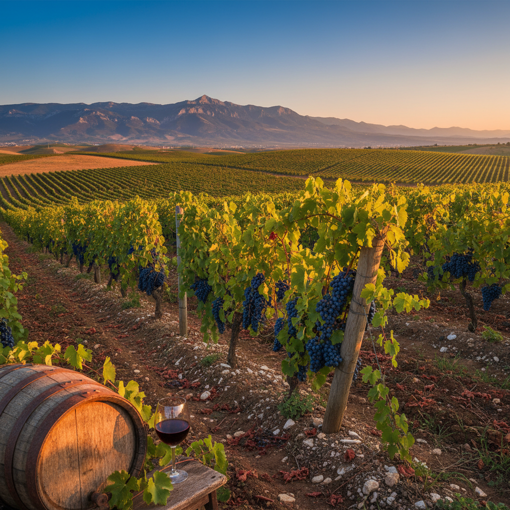 Vinhedo pitoresco na Crimeia ao pôr do sol, com barril de madeira e taça de vinho, representando o terroir único da península.