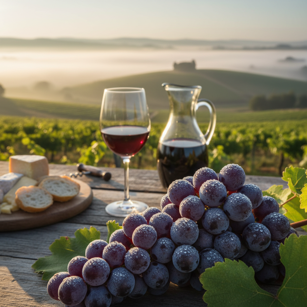 Vinhedo exuberante com uvas maduras ao amanhecer, com uma taça de vinho em primeiro plano sobre uma mesa rústica, evocando a beleza e a qualidade dos vinhos emergentes da Croácia e Eslovênia.