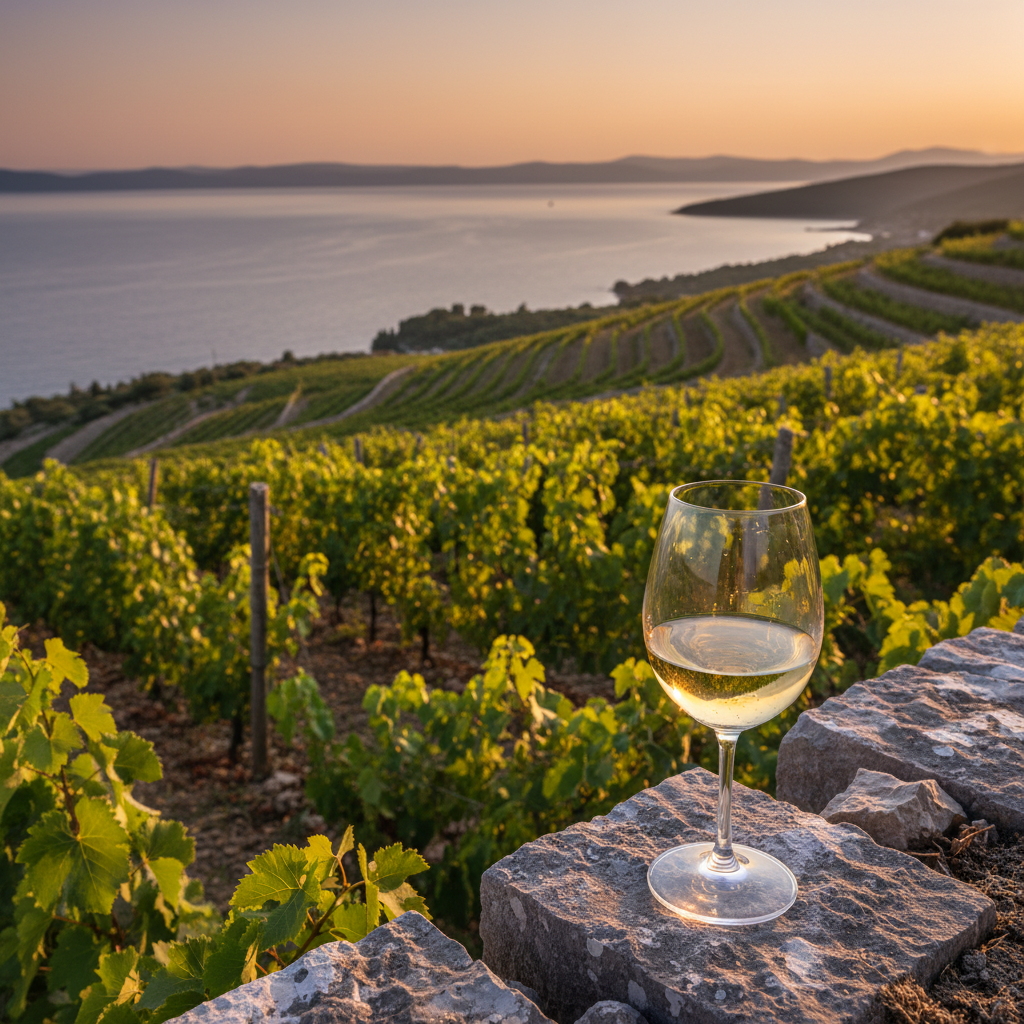 Vinhedo em socalcos na costa da Croácia ao pôr do sol com uma taça de vinho branco sobre um muro de pedra.