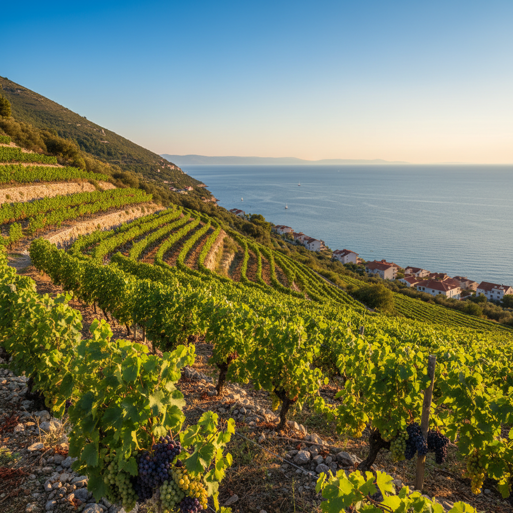 Vinhedo croata ensolarado em terraços com vista para o Mar Adriático, destacando as parreiras e as uvas maduras.