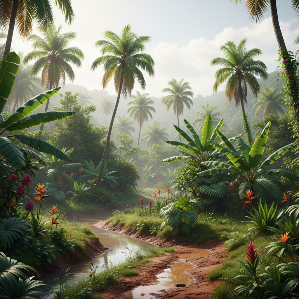 Paisagem tropical exuberante de Cuba com palmeiras e vegetação densa, contrastando com a ausência de vinhedos, ilustrando o clima e solo desafiadores para a produção de vinho.