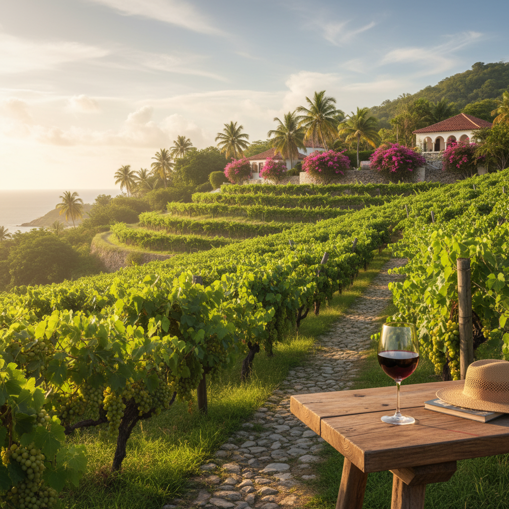 Vinhedo tropical em Cuba, com palmeiras ao fundo e uma taça de vinho em uma mesa de madeira rústica, sob a luz do sol caribenho.