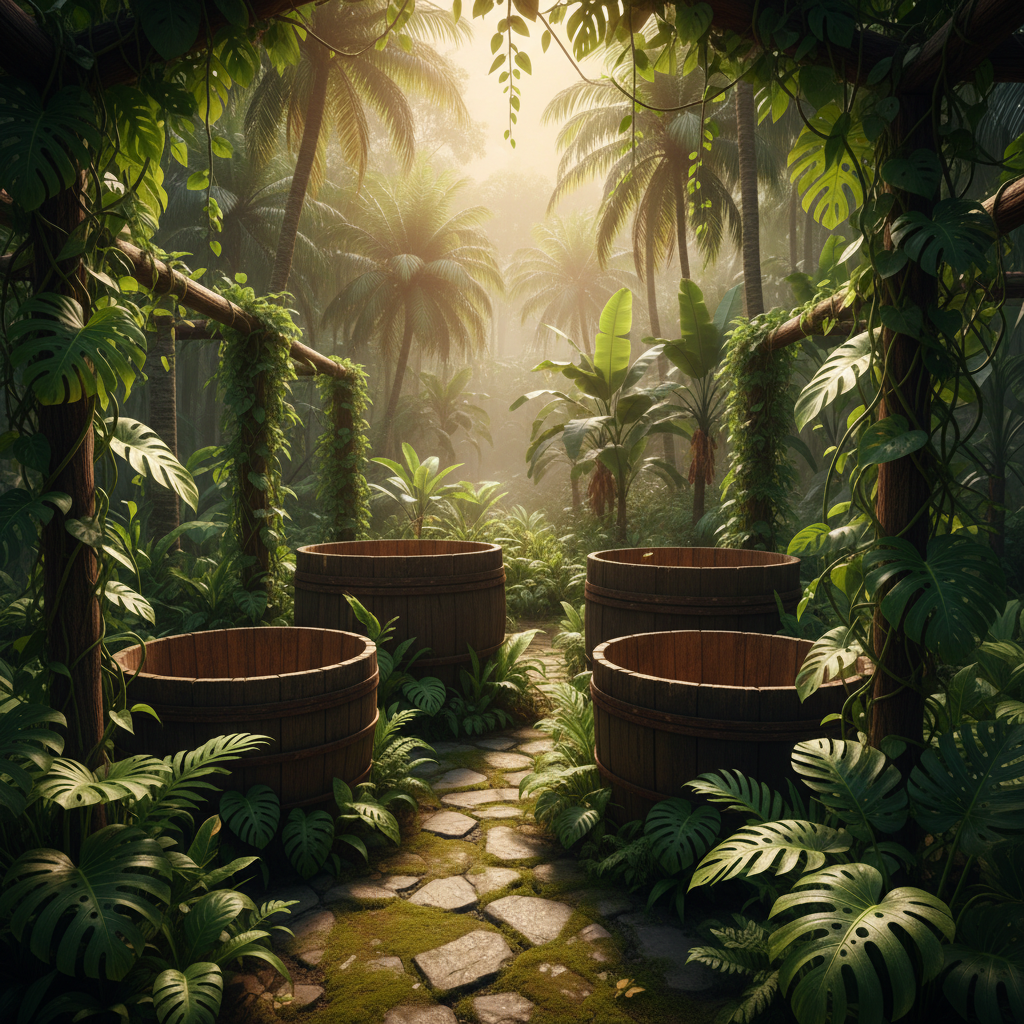 Área rústica de fermentação ou vinhedo experimental em um ambiente tropical cubano.