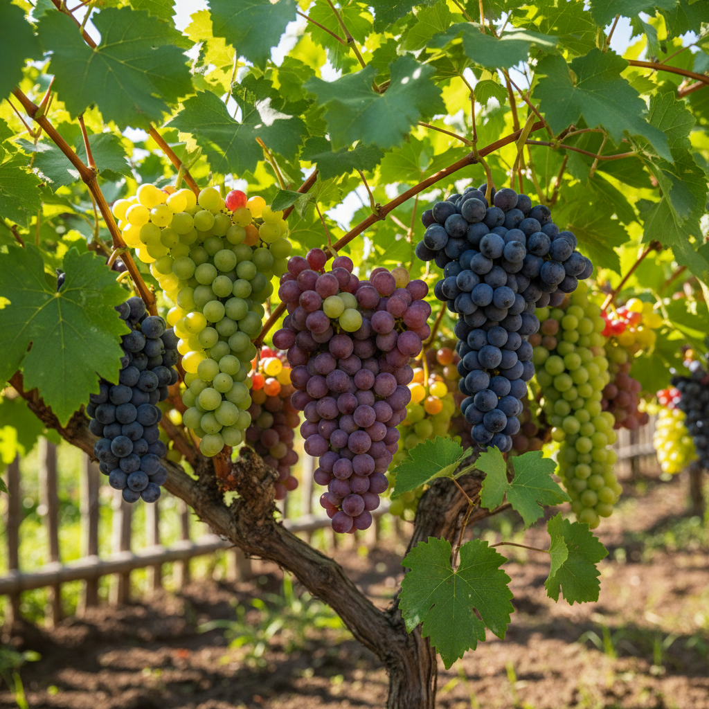 Cachos de uvas brancas, tintas e verdes maduras em uma videira exuberante em um jardim doméstico ensolarado.