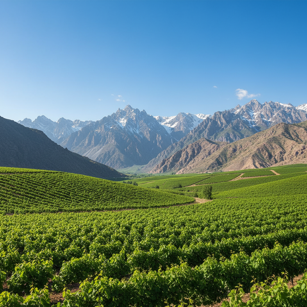 Vinhedo verdejante em um vale montanhoso no Tadjiquistão, com fileiras de videiras sob um céu azul e picos nevados ao fundo, ilustrando a viticultura na Ásia Central.