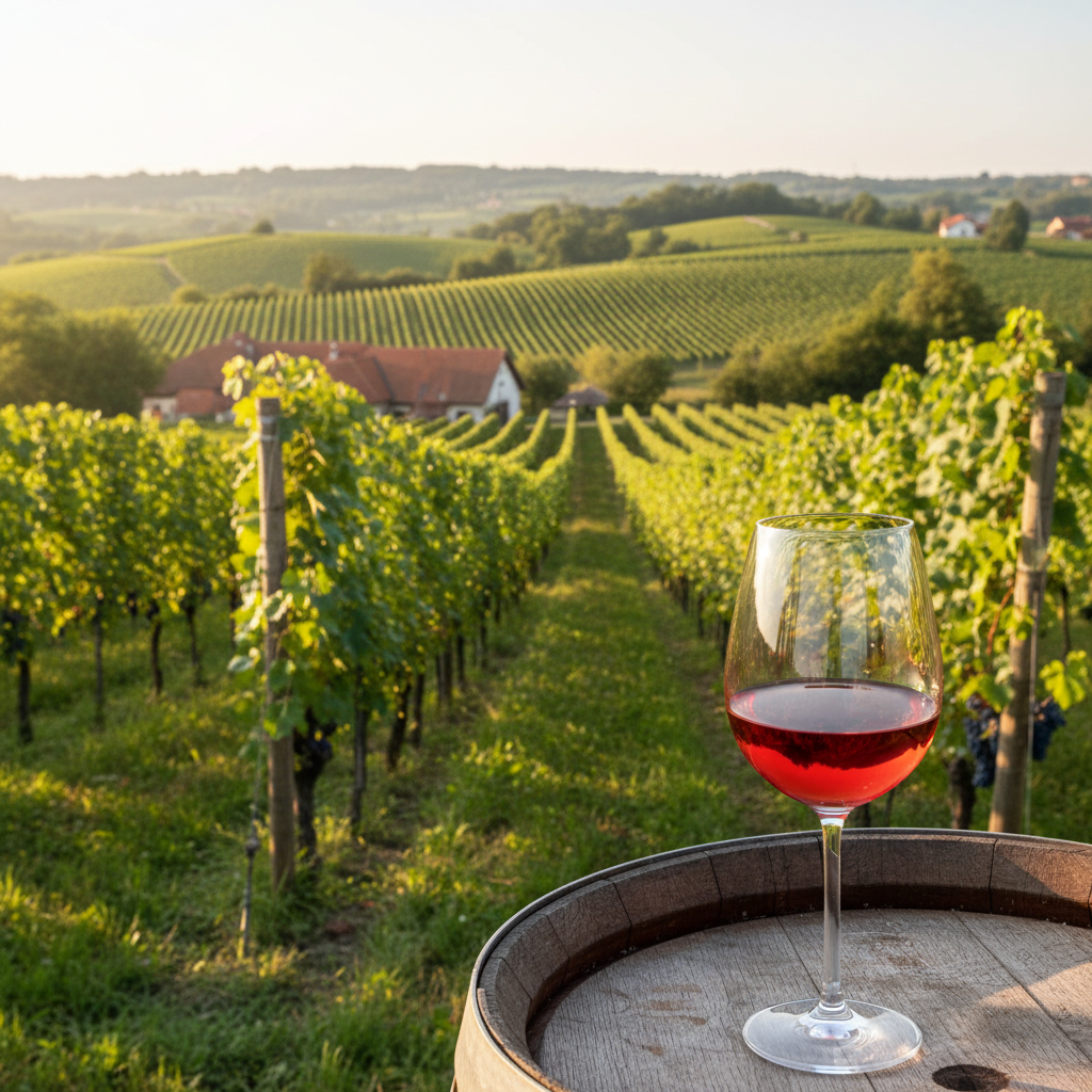 Vinhedo ensolarado na região de Posavje, Eslovênia, com um copo de vinho tinto leve e refrescante, possivelmente Cviček, sobre um barril de madeira rústico.