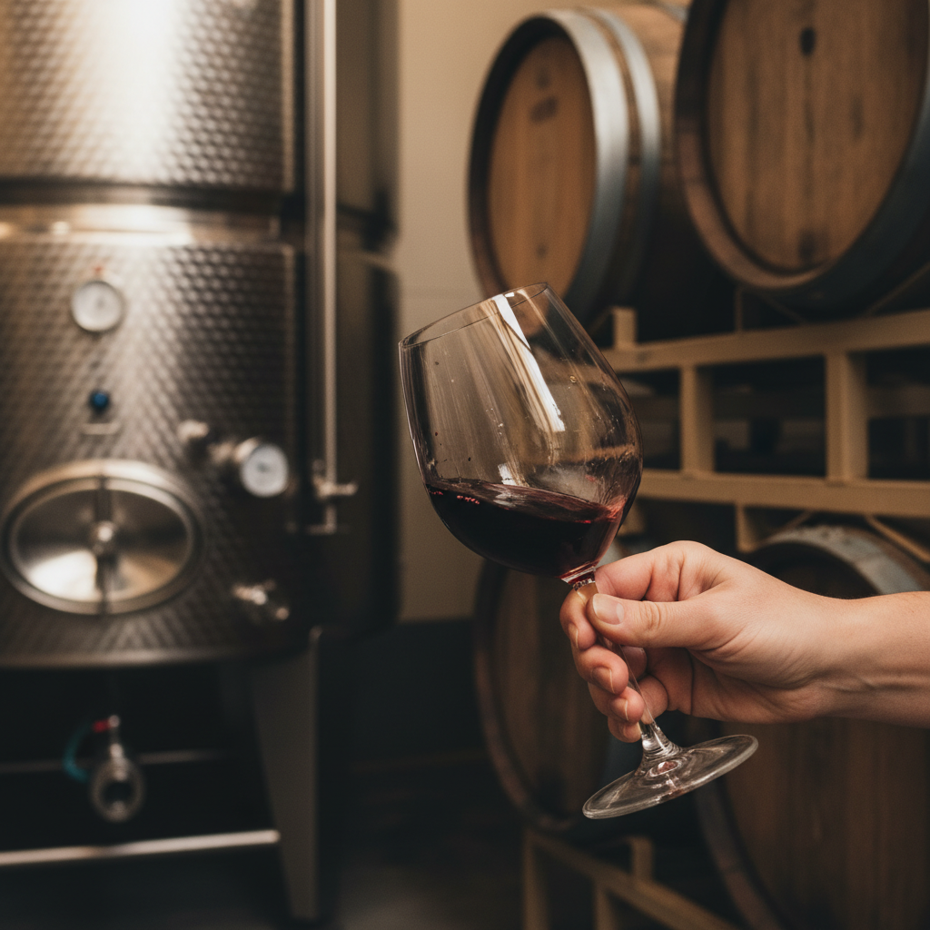 Imagem de um copo de vinho tinto sendo suavemente girado, com tanques de fermentação de aço inoxidável e barris de carvalho no fundo, simbolizando os processos de vinificação.