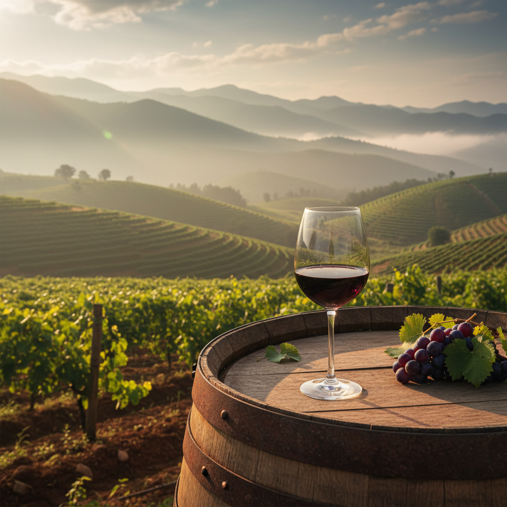 Vinhedo exuberante nas montanhas enevoadas de Dalat, Vietnã, com uma taça de vinho tinto repousando elegantemente sobre um barril de madeira rústico, sob a luz suave do sol.