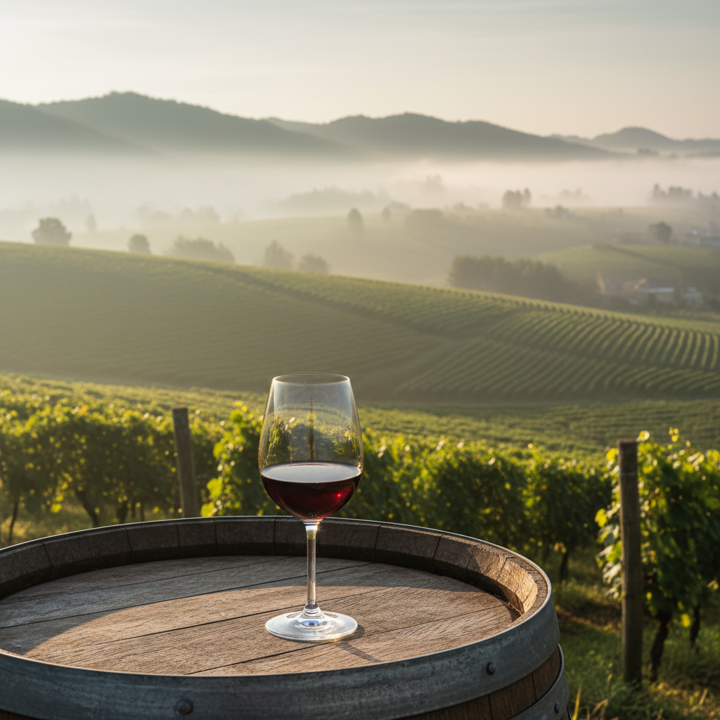 Vinhedo exuberante em Dalat, Vietnã, com uma taça de vinho tinto sobre um barril de madeira, sob a luz suave da manhã.