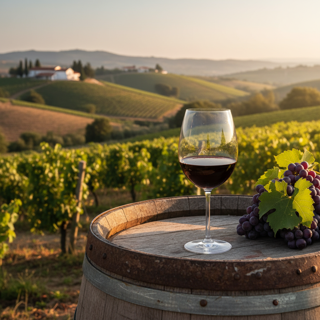 Vinhedo pitoresco em Dão ou Bairrada com barril de vinho de madeira e taça elegante sob o sol dourado.