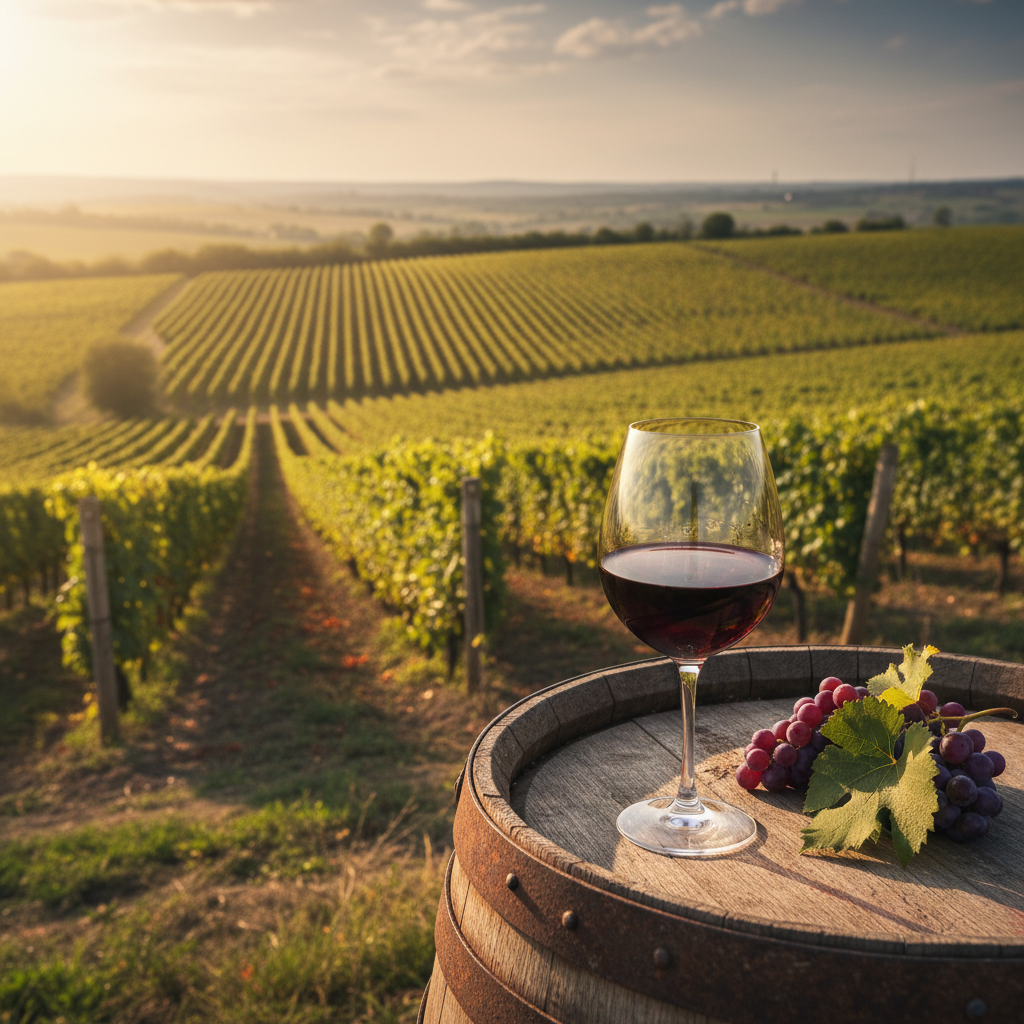 Vinhedo exuberante em Dealu Mare, Romênia, com um copo de vinho tinto sobre um barril de carvalho.