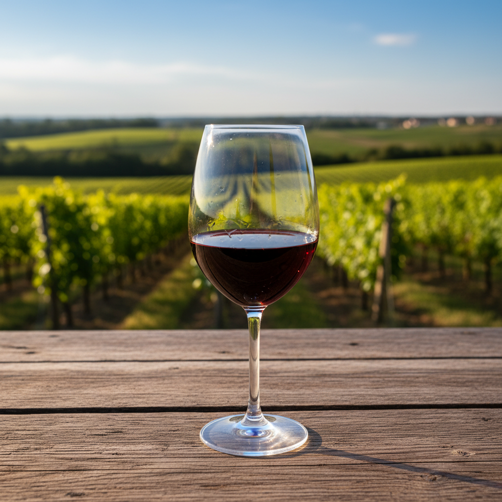 Taça de vinho tinto em primeiro plano sobre mesa rústica, com um vasto vinhedo verde e céu azul desfocado ao fundo.