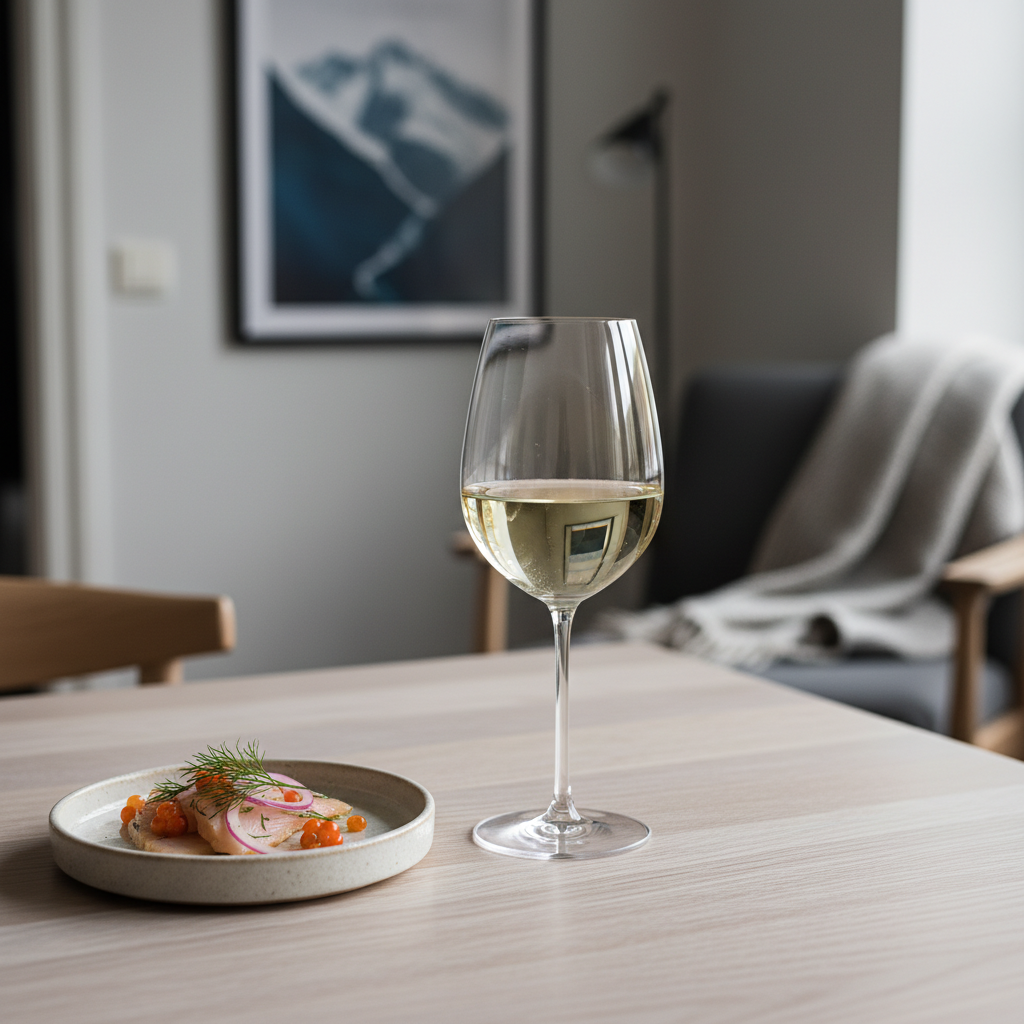 Taça de vinho branco em mesa de madeira clara, com fundo desfocado de paisagem nórdica e elementos da culinária sueca, sugerindo uma harmonização elegante.