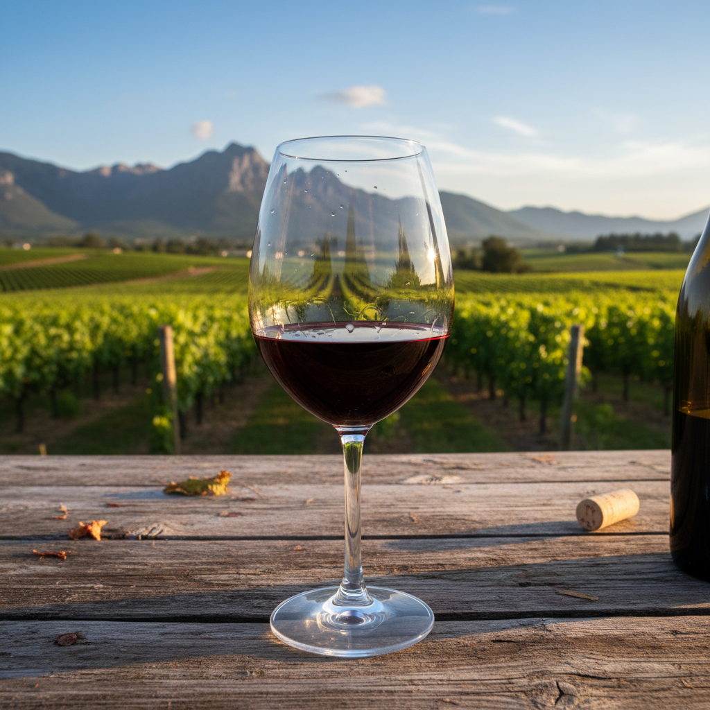 Taça de vinho tinto em mesa de madeira rústica, com vinhedos sul-africanos e montanhas ao fundo, sob luz natural.
