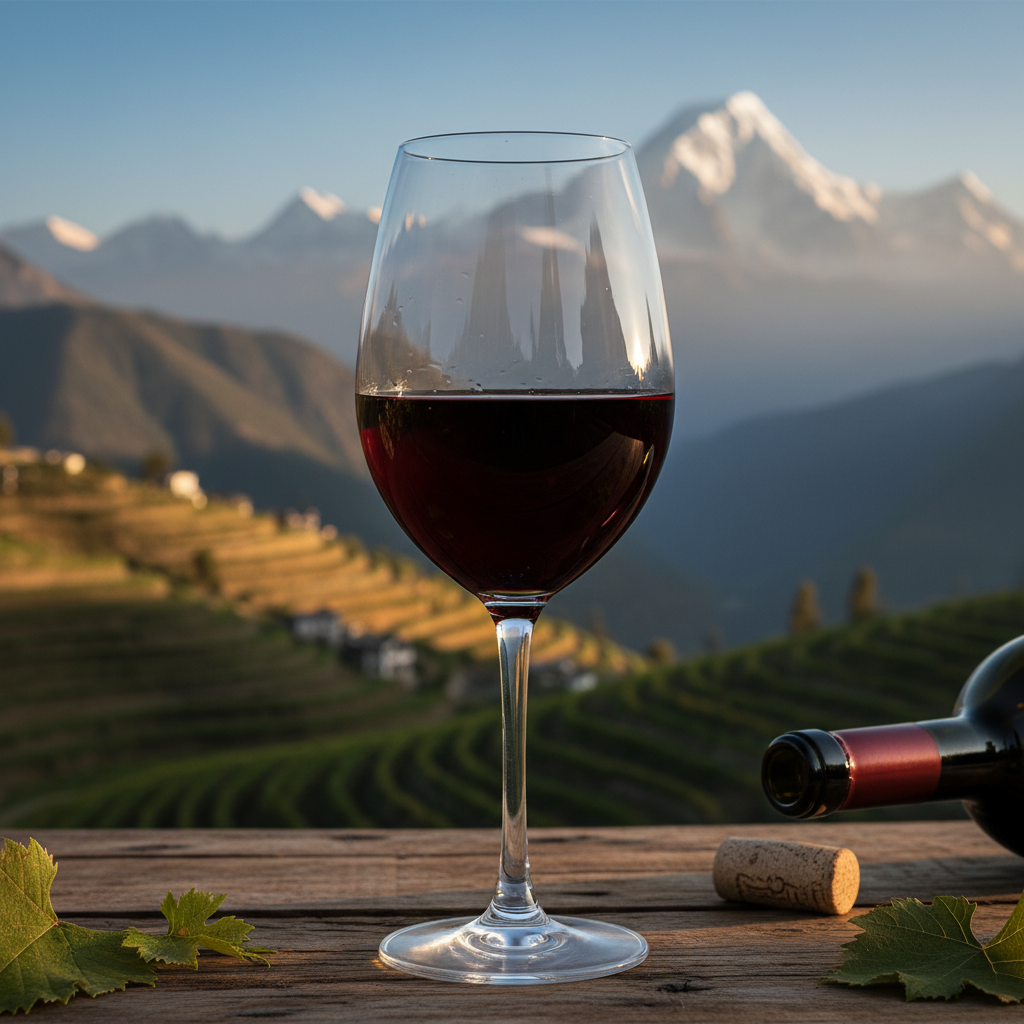 Taça de vinho tinto com vinhedos em terraços e montanhas do Himalaia ao fundo no Nepal.