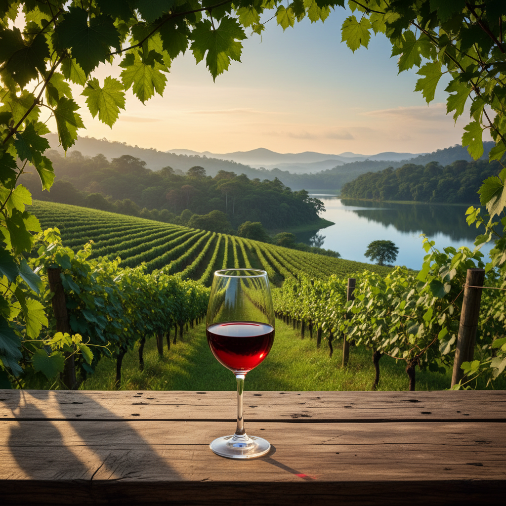 Uma taça de vinho tinto repousa sobre uma mesa rústica em um vinhedo verdejante sob o sol africano.