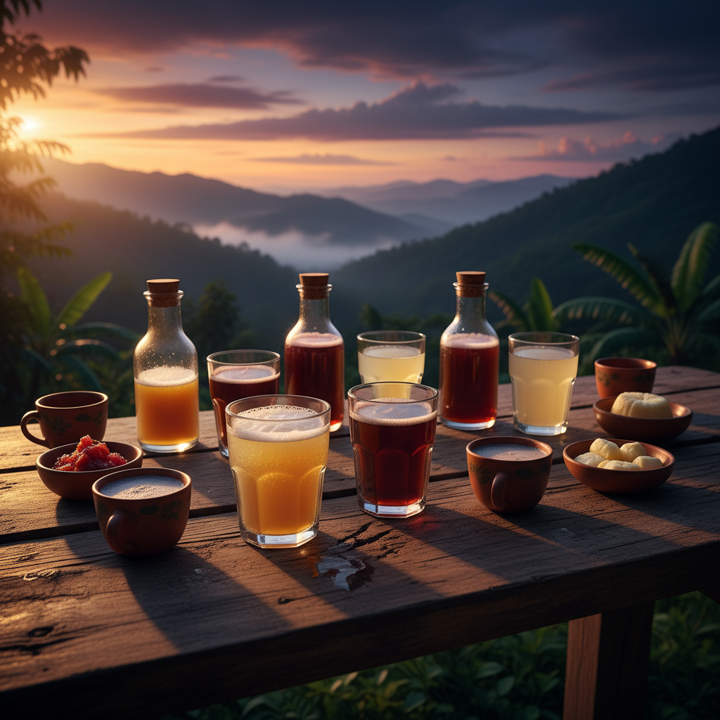 Mesa rústica com diversas bebidas fermentadas locais em copos e garrafas, em cenário tropical salvadorenho ao entardecer, focando na riqueza de texturas e ambiente acolhedor.