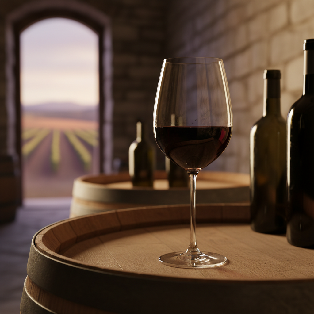 Taça de vinho tinto elegante sobre mesa de madeira em adega rústica, com vinhedo ao fundo em tom de pôr do sol.