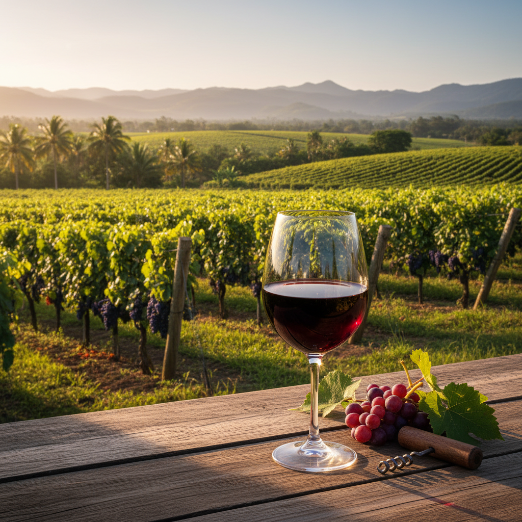 Taça de vinho tinto em primeiro plano com um vinhedo exuberante sob o sol tropical da Nigéria ao fundo, desmistificando a produção local.