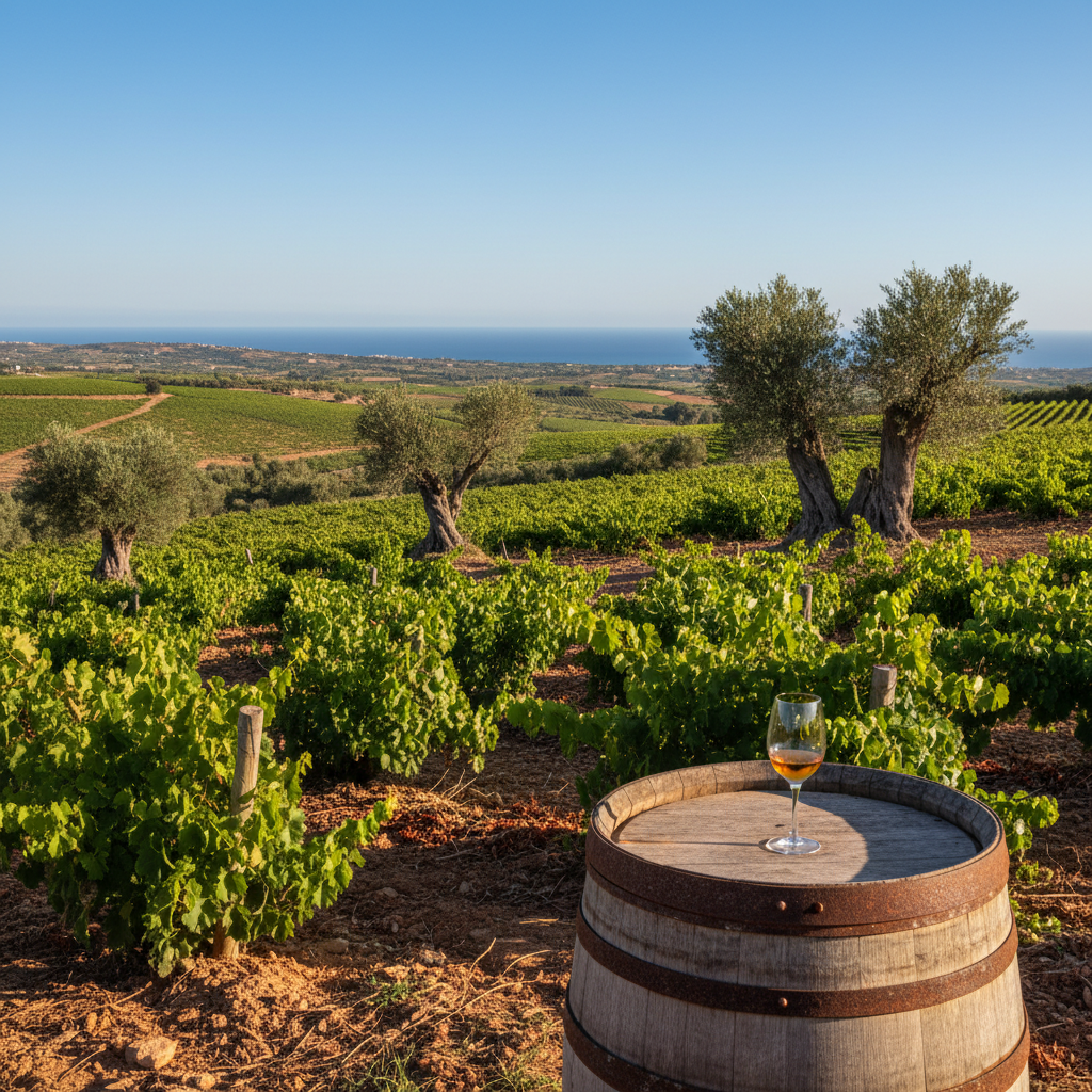 Vinhedo tunisiano ensolarado com barril de madeira e taça de vinho, destacando a beleza e a tradição da viticultura da Tunísia.