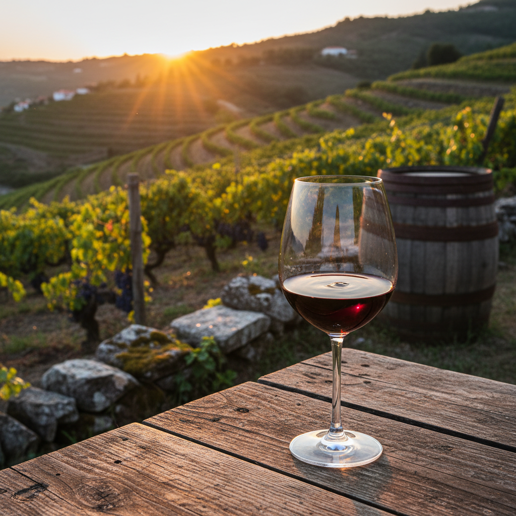 Taça de vinho tinto elegante com reflexos dourados, em primeiro plano, sobre um fundo desfocado de um vinhedo português ao pôr do sol, com barris de carvalho e arquitetura tradicional.