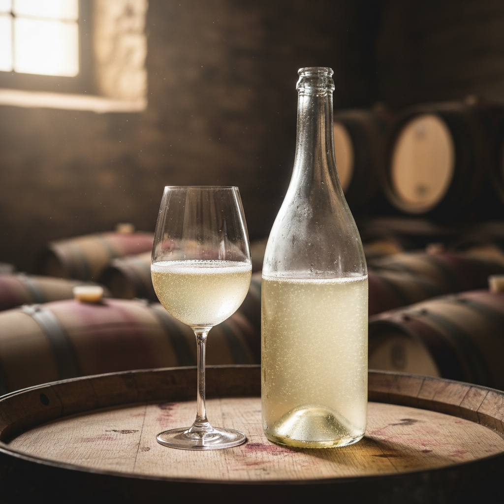 Garrafa de Pet Nat e taça com vinho espumante natural, ambos com a característica turbidez, sobre uma superfície de madeira envelhecida em um ambiente de adega.