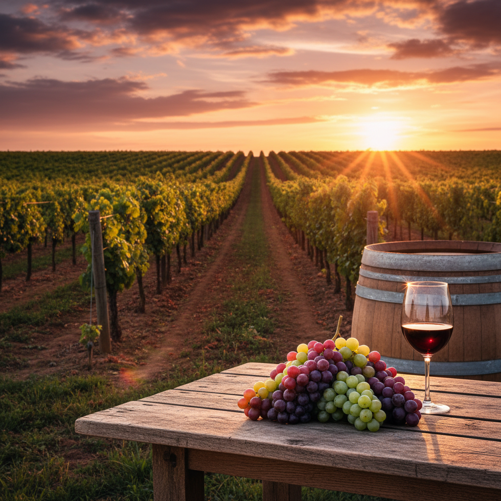 Cacho de uvas de mesa frescas e uma taça de vinho tinto em um vinhedo ao pôr do sol, ilustrando a dualidade e as diferenças entre os tipos de uva.
