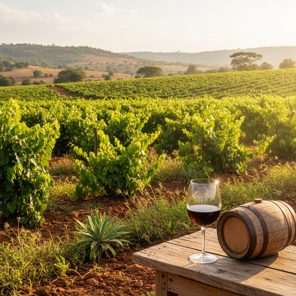 Vinhedo exuberante em Dodoma, Tanzânia, com um copo de vinho tinto e um barril de carvalho sob o sol tropical, simbolizando a viticultura única da região.