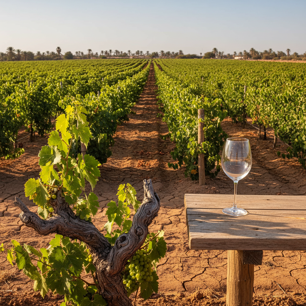 Vinhedos da Domaine de Thiès no Senegal, mostrando as parreiras verdes sob o sol tropical em um cenário de solo árido, com um céu azul vibrante.