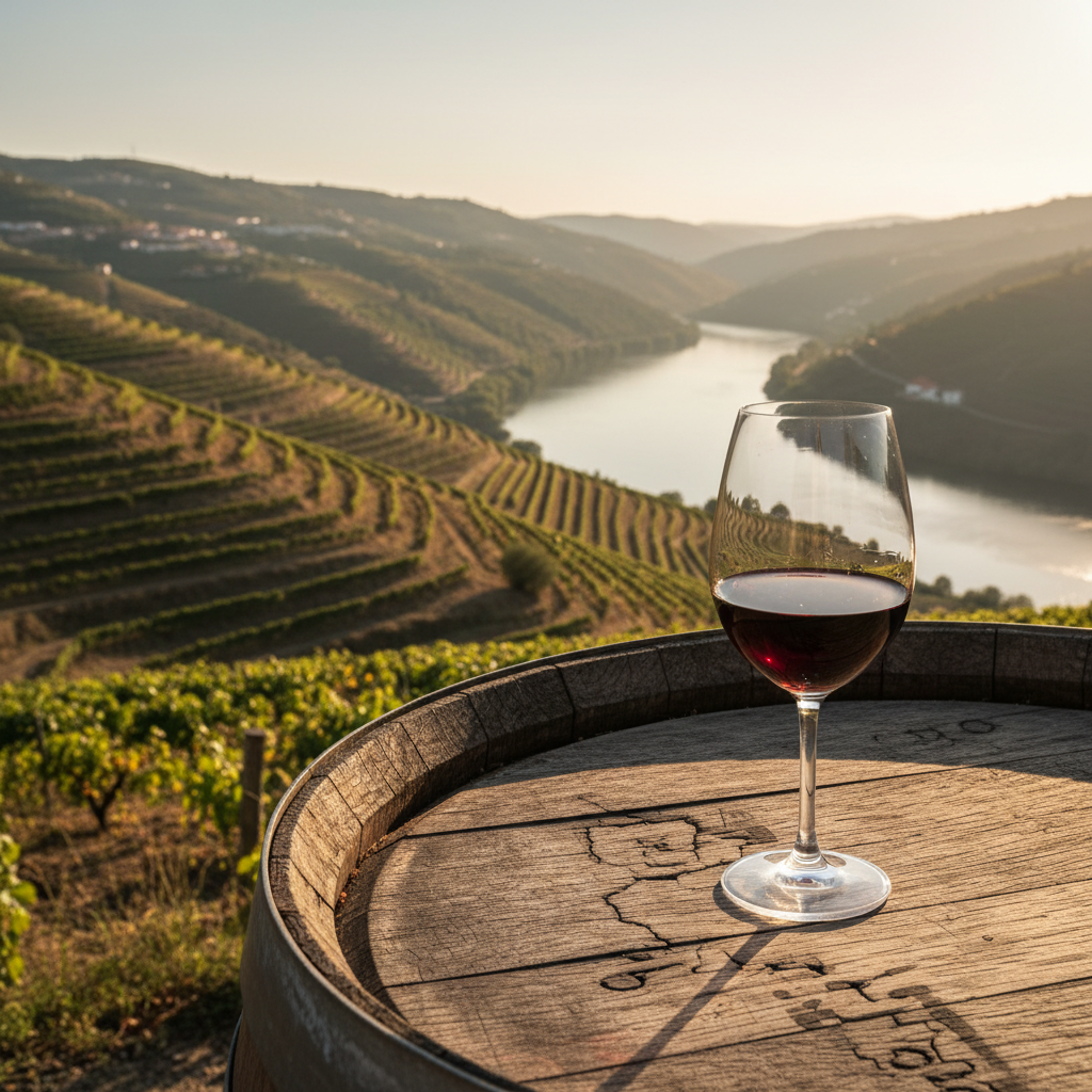 Vinhedos em socalcos do Douro ao pôr do sol, com rio ao fundo e taça de vinho tinto sobre barril de carvalho.
