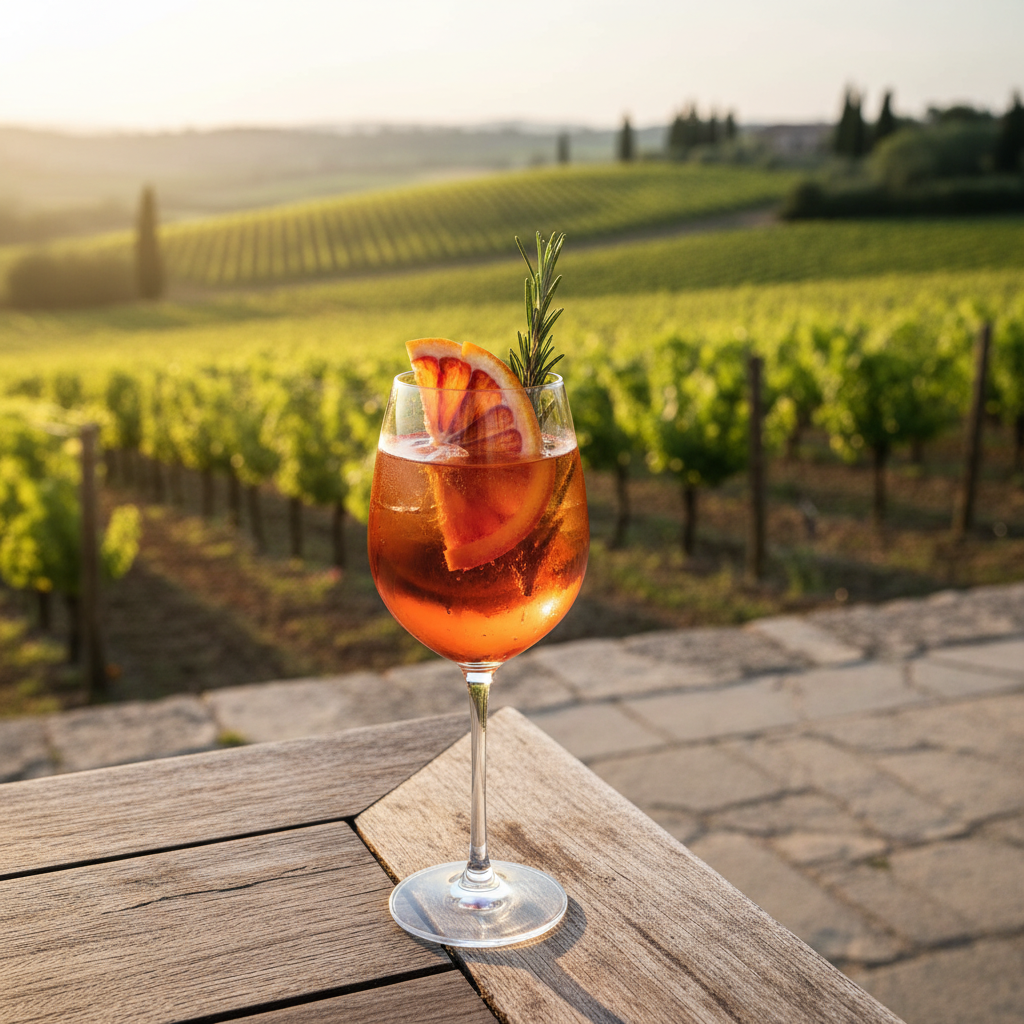 Taça de drink com vinho laranja em uma mesa de madeira rústica, com vinhedo ao fundo ao pôr do sol.