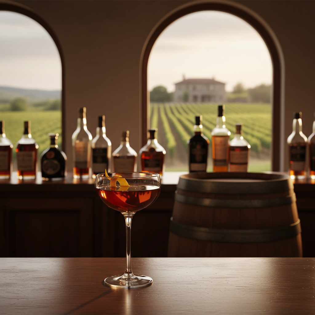 Copo de coquetel elegante com drink ambarino em balcão de madeira, com garrafas de vinhos fortificados e barril de carvalho ao fundo.