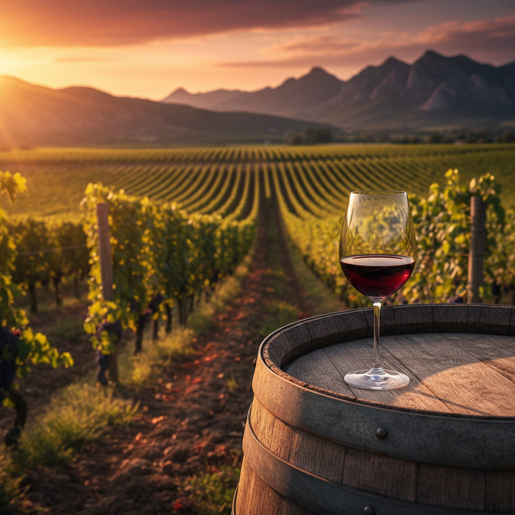 Vinhedo ensolarado na região dos Balcãs ao pôr do sol, com um copo de vinho tinto sobre um barril de madeira em primeiro plano.