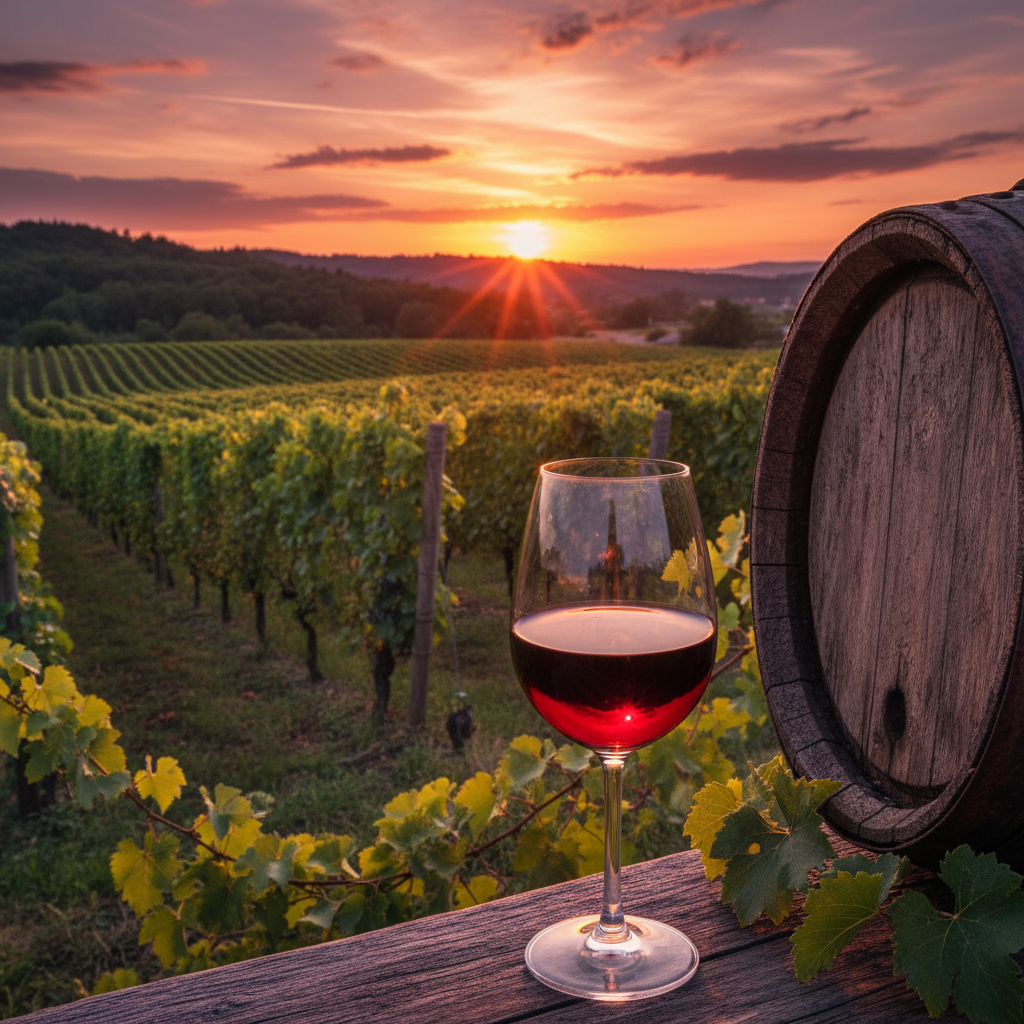 Vinhedo pitoresco nos Balcãs Ocidentais ao pôr do sol, com um copo de vinho tinto e um barril de carvalho.