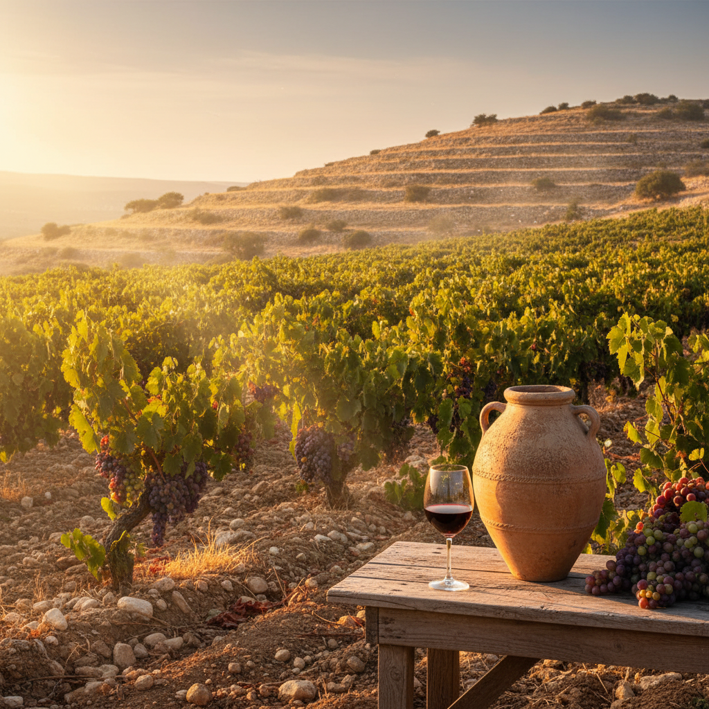 Vinhedo ensolarado no Levante com taça de vinho tinto e ânfora de barro, destacando a paisagem histórica da região.