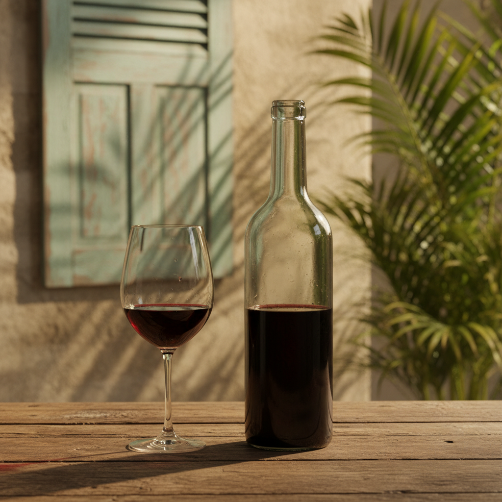 Garrafa de vinho e taça sobre mesa de madeira rústica, com fundo tropical e arquitetura colonial sutil, evocando a atmosfera de Cuba.