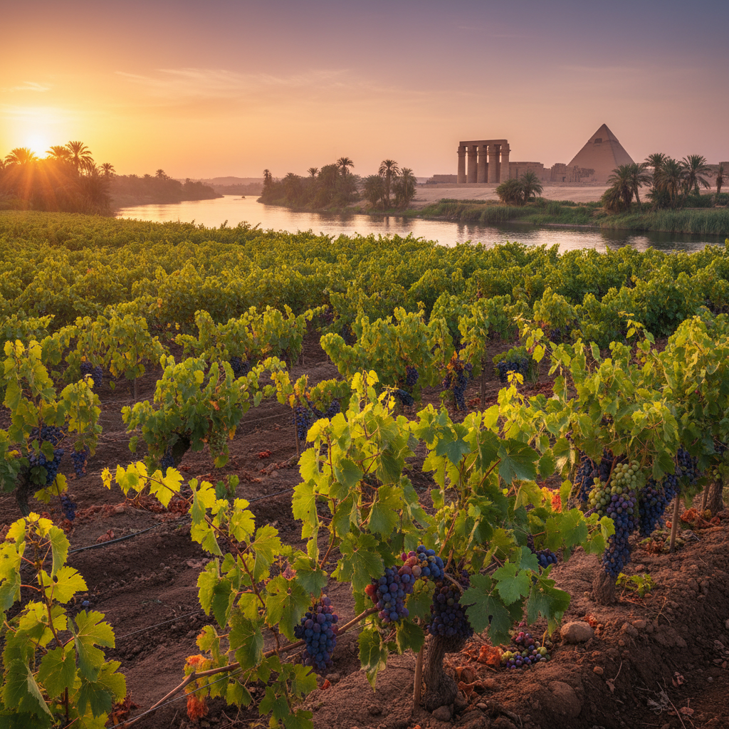 Vinhedo exuberante às margens do Rio Nilo, Egito, com ruínas antigas ao fundo, sob o pôr do sol dourado.