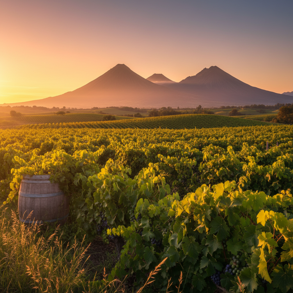 Paisagem de vinhedo tropical em El Salvador, com parreiras verdes e montanhas vulcânicas ao fundo, sob um céu claro. Um barril de vinho de madeira aparece discretamente.