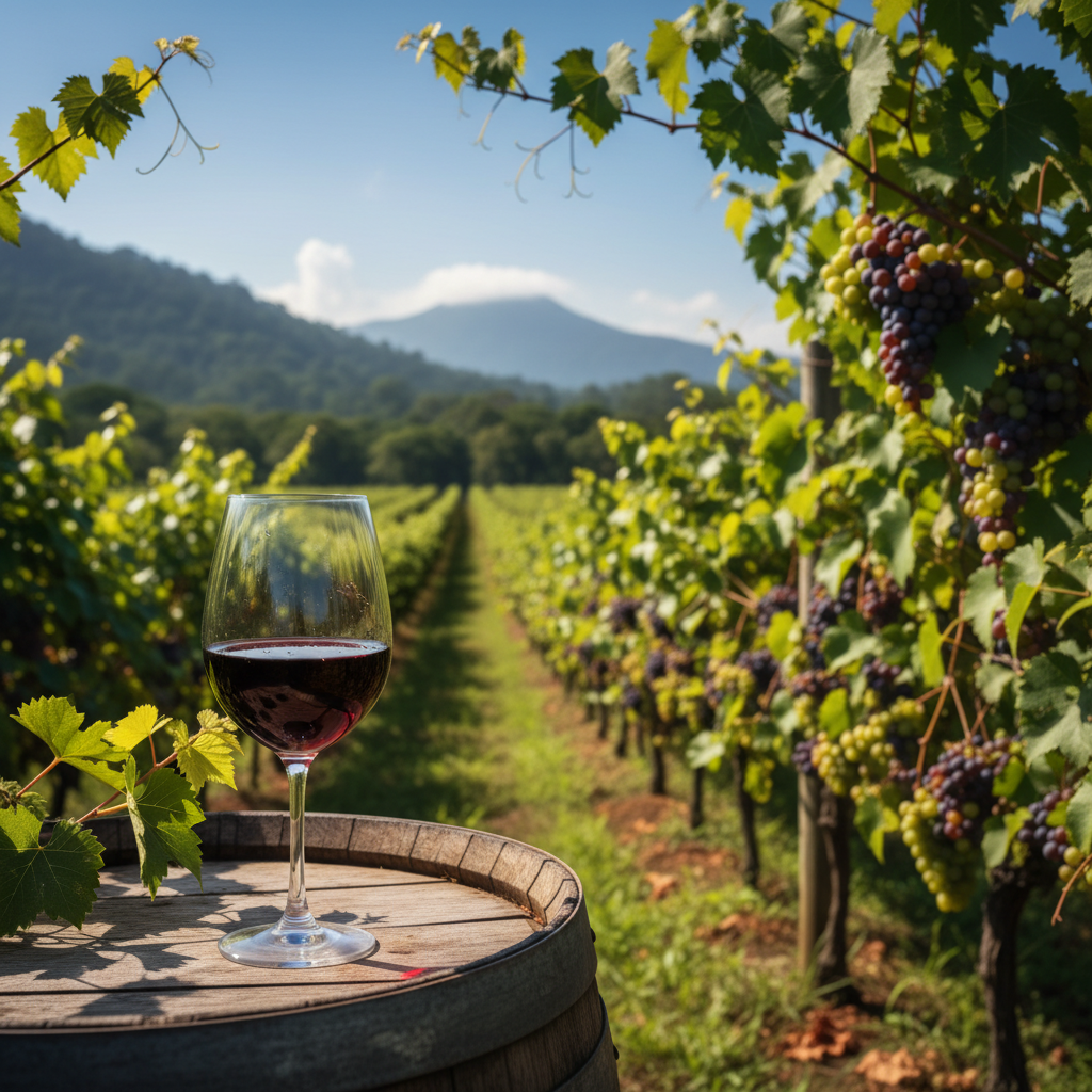 Vinhedo exuberante em El Salvador com uma taça de vinho tinto em primeiro plano, simbolizando a nova era da viticultura no país.