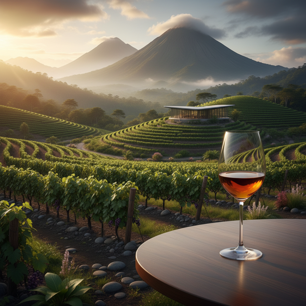 Vinhedo moderno em El Salvador, com taça de vinho refletindo o cenário tropical, simbolizando a inovação vitivinícola na América Central.