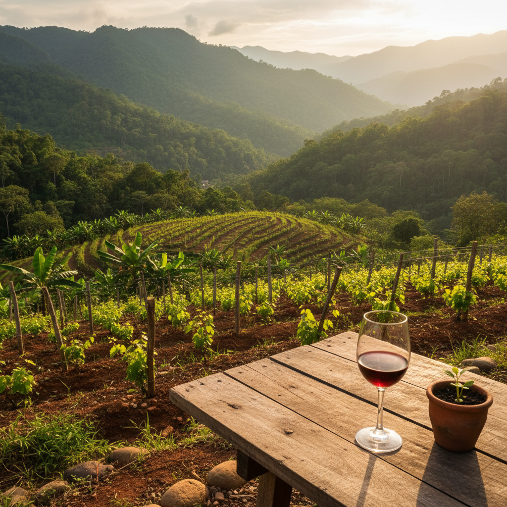 Taça de vinho em uma mesa rústica com um pequeno vinhedo experimental e paisagem tropical montanhosa de El Salvador ao fundo, sob o sol.