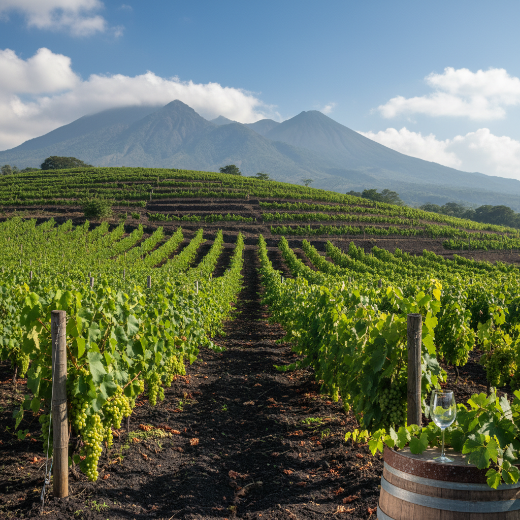 Vinhedo exuberante em encosta vulcânica de El Salvador sob céu tropical, com videiras verdes e solo fértil, simbolizando o potencial vitivinícola da região.