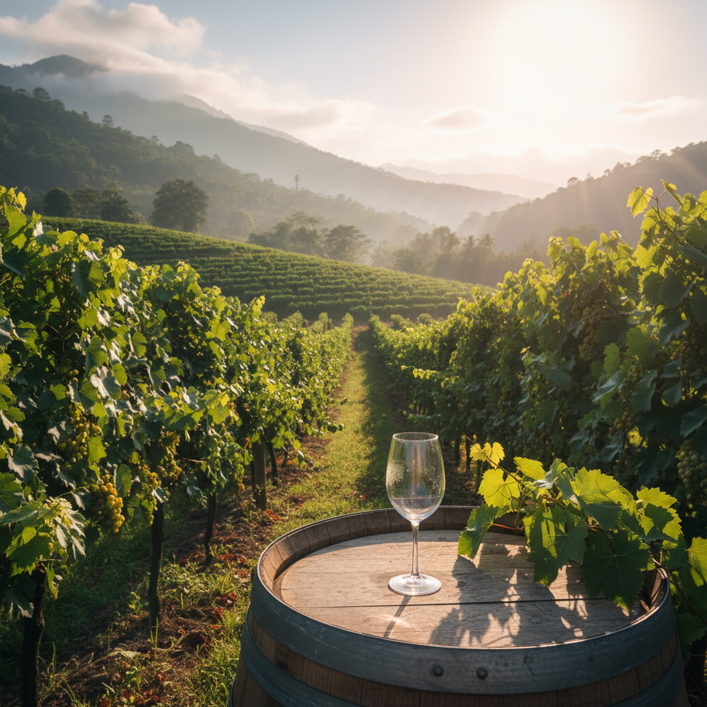 Vinhedo exuberante em El Salvador sob sol forte, com taça de vinho e barril, representando os desafios climáticos da viticultura tropical.