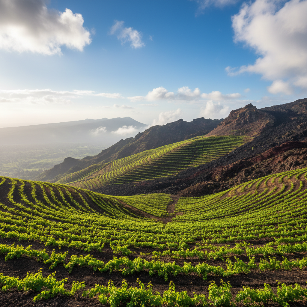 Vinhedo exuberante em El Salvador, mostrando o solo vulcânico e o clima tropical que desafiam e moldam a produção de vinho.