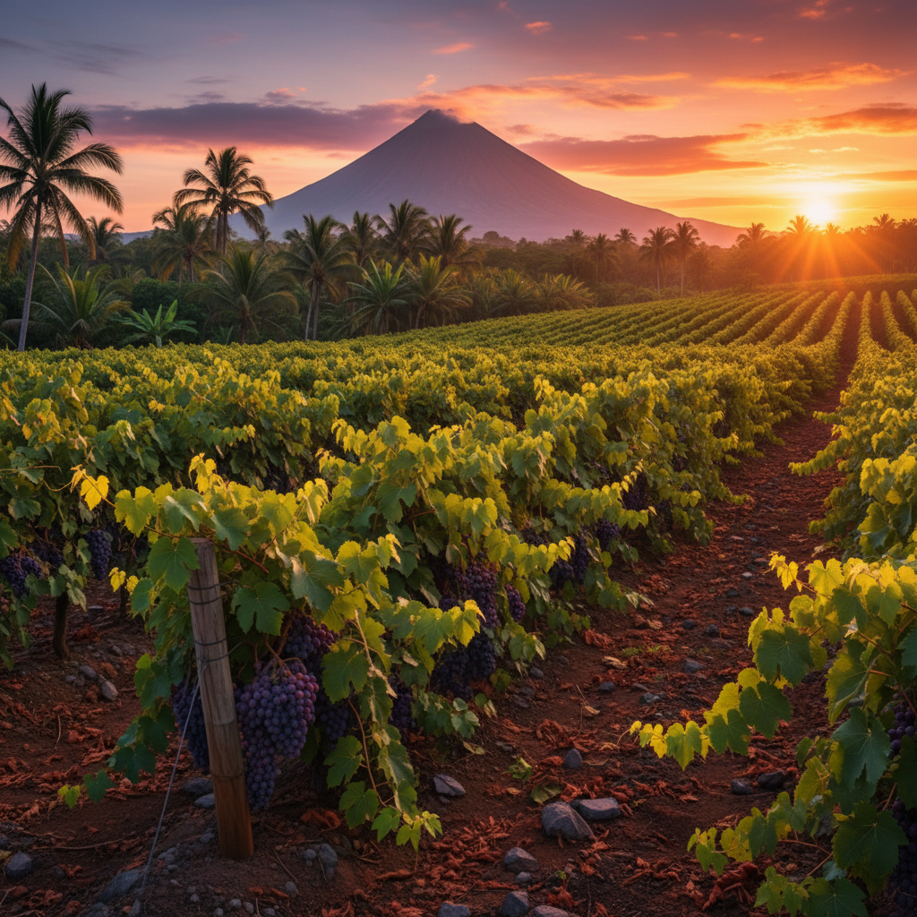 Vinhedo tropical exuberante em El Salvador ao pôr do sol, mostrando videiras verdes e saudáveis cultivadas em clima quente.