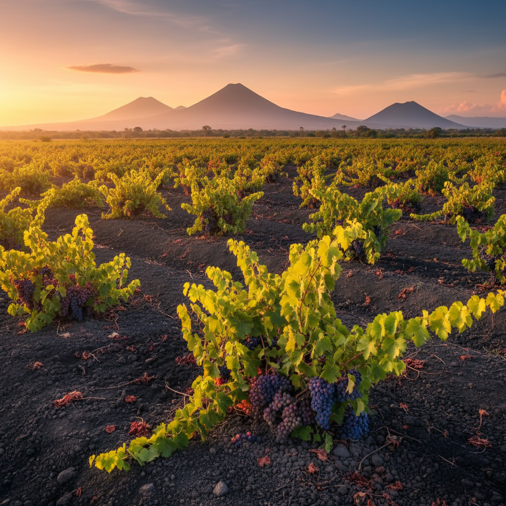 Vinhedo exuberante em solo vulcânico de El Salvador, iluminado pelo pôr do sol, com montanhas vulcânicas ao fundo.