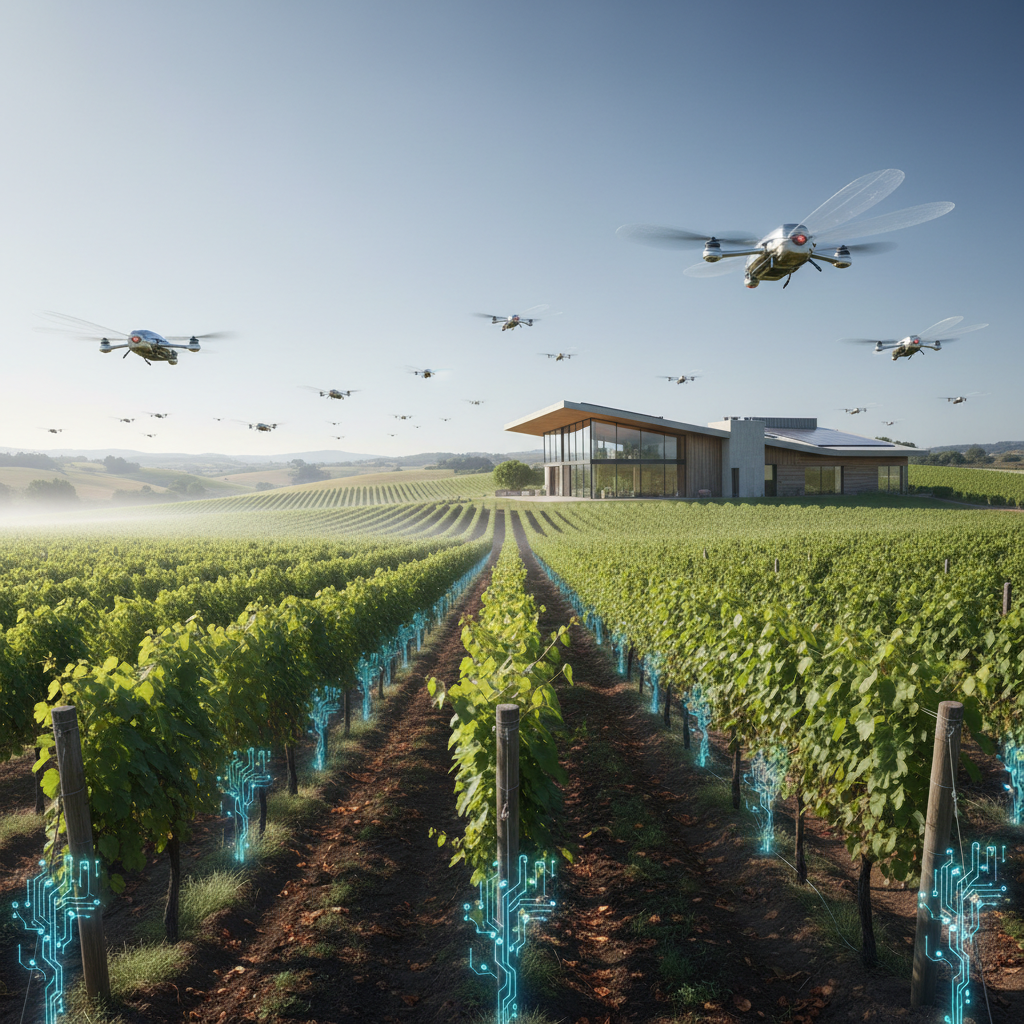 Vinhedo moderno com drones e sensores de viticultura de precisão, simbolizando a Enologia 4.0 e a inovação tecnológica na produção de vinho.